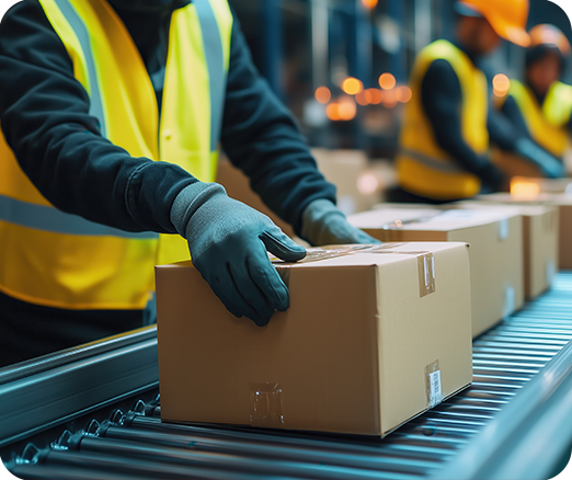 Warehouse employee moving a retail shipping box along a conveyor built.