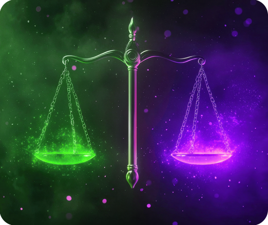 A balance scale in green and purple that represents the decision between building or buying retail data management solutions. 